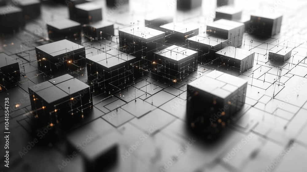 Fototapete in a dark, futuristic environment, numerous black cubes are arranged on a grid, with soft lights ill