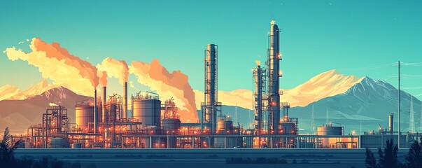 Fototapeta premium Vector art of a gas refinery plant viewed from an industrial perspective, incorporating two layers of detail for a rich representation of the facility