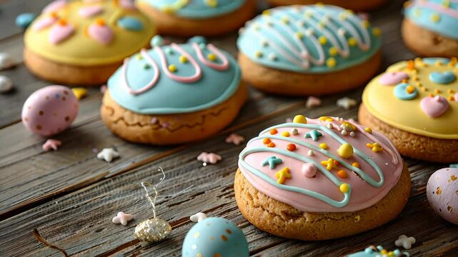 Decorated Easter cookies with pastel icing and colorful sprinkles sit on a wooden table