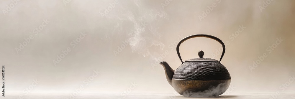 Poster a tea kettle emits thin lines of steam, creating a calming atmosphere against a soft, muted backdrop