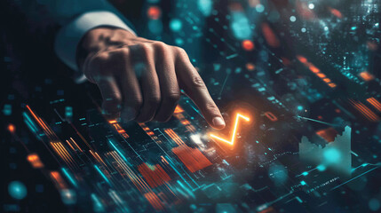 Charts and digital indicators flash against the background when a person's hand points to a growing trend, highlighted in bright orange, emphasizing the dynamics of the financial market.