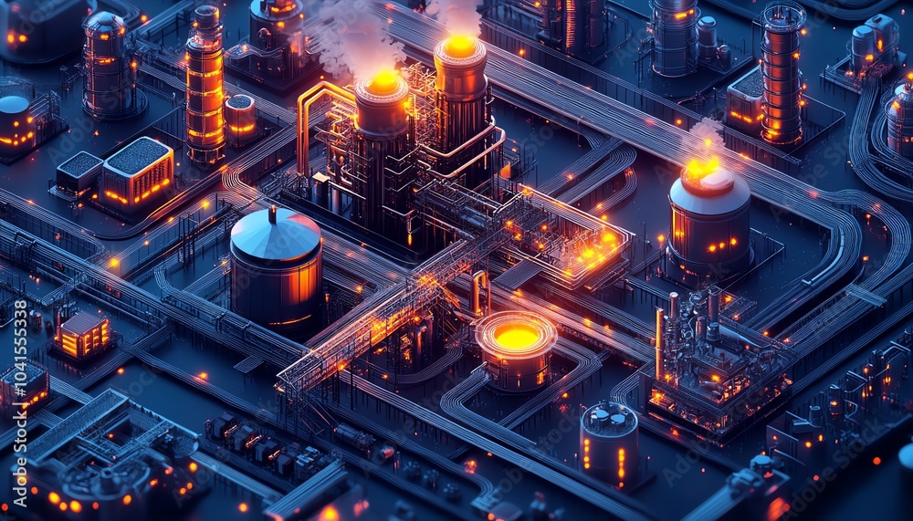 Poster 3D isometric illustration of industrial infrastructure on a dark background, showcasing a large factory complex with railway buildings and pipelines viewed from above