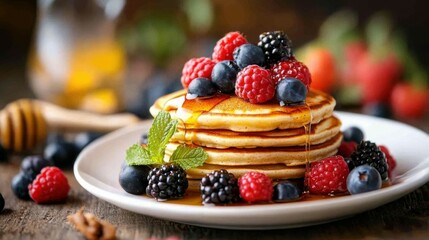 A plate of whole grain pancakes with fresh berries and honey drizzle, symbolizing a balanced breakfast, Generative AI