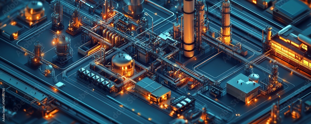 Poster comprehensive 3d isometric illustration showcasing a factory complex, railway systems, and pipeline 