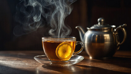 Steaming cup of tea with a slice of lemon, dramatically backlit to highlight the steam and the transparent amber liquid.