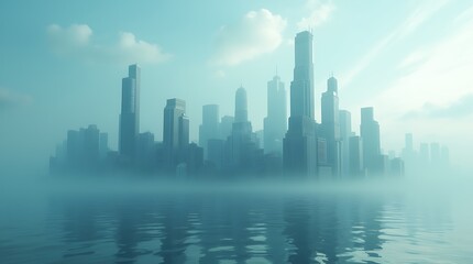 Conceptual Illustration of a Coastal City Submerged in Water, Skyscrapers Barely Above the Surface, Highlighting the Threat of Rising Sea Levels