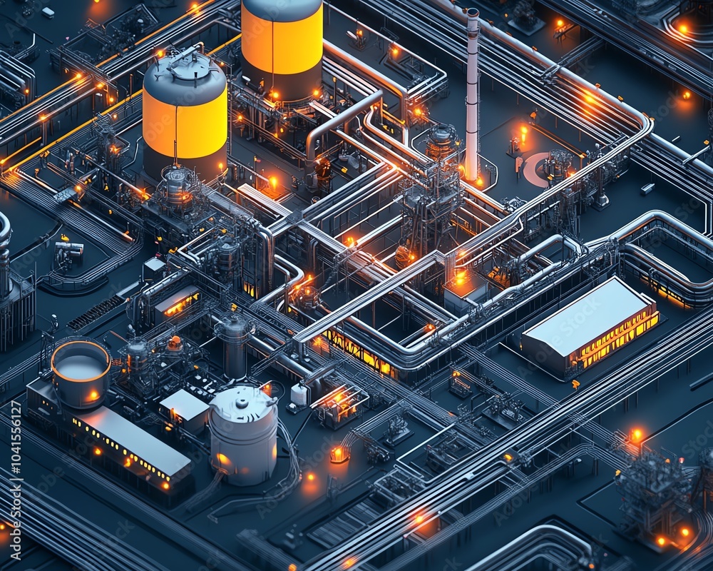 Poster Detailed isometric 3D rendering of industrial infrastructure, highlighting a large factory complex, railway systems, and extensive pipelines against a dark backdrop