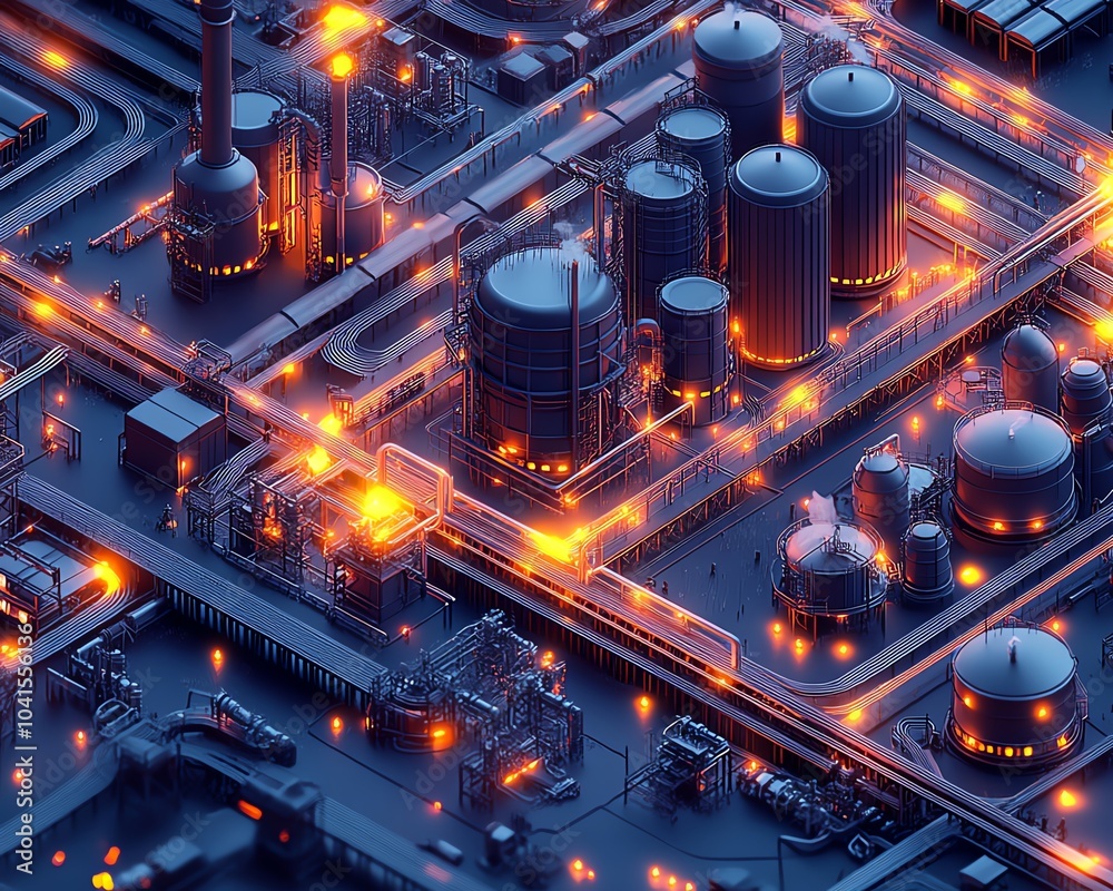 Poster Detailed isometric 3D rendering of industrial infrastructure, highlighting a large factory complex, railway systems, and extensive pipelines against a dark backdrop