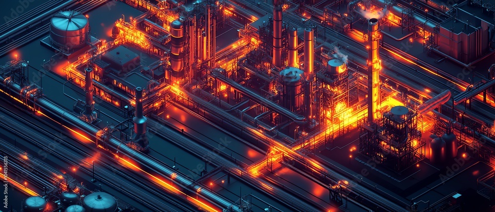 Aufkleber Dynamic isometric rendering of industrial infrastructure, featuring a large factory complex, railways, and pipelines, set against a deep dark background