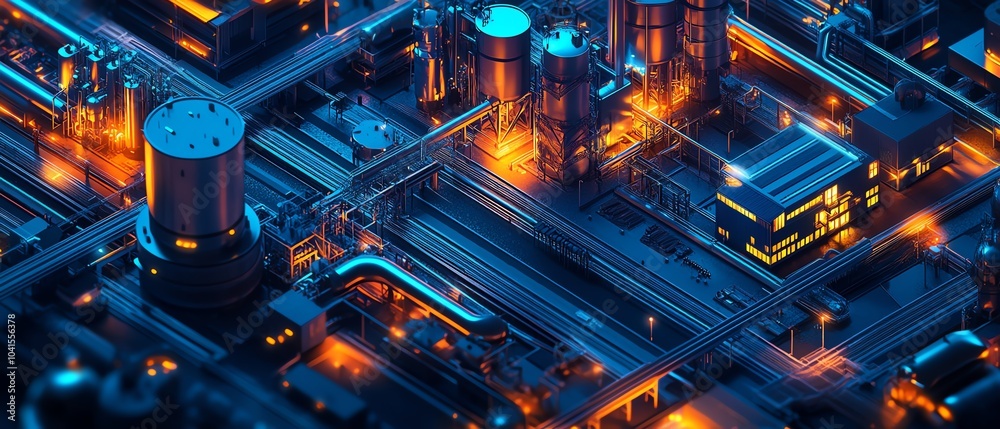 Aufkleber Dynamic isometric rendering of industrial infrastructure, featuring a large factory complex, railways, and pipelines, set against a deep dark background