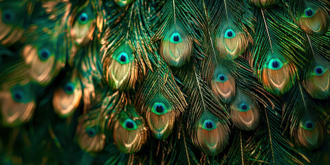 Obraz premium A close up of a peacock's feathers, with a mix of green and gold colors