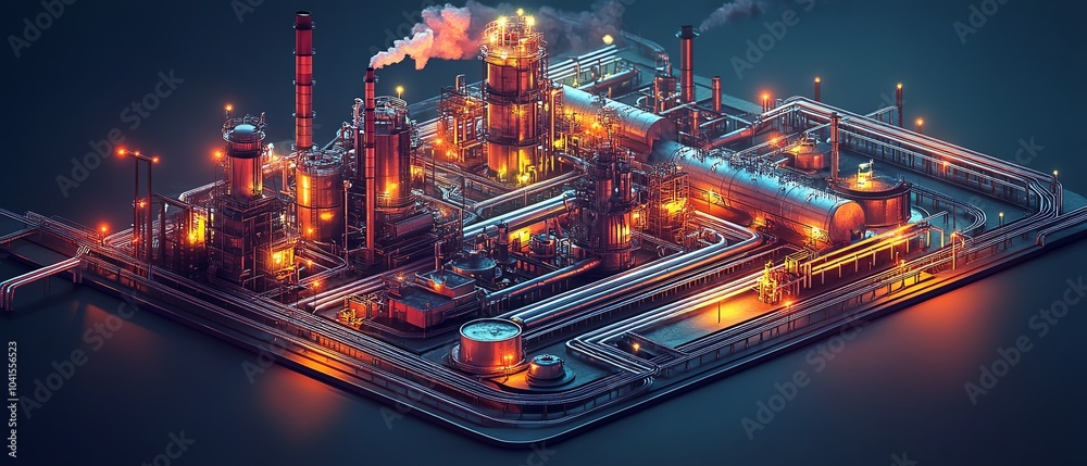 Aufkleber Dynamic isometric rendering of industrial infrastructure, featuring a large factory complex, railways, and pipelines, set against a deep dark background