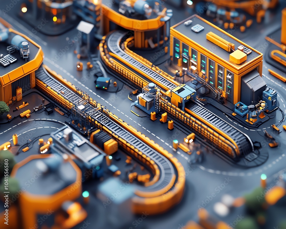 Poster engaging 3d illustration of an industrial project, featuring an intricate assembly line, warehouse, 