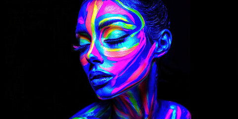 A woman's face is painted with neon colors