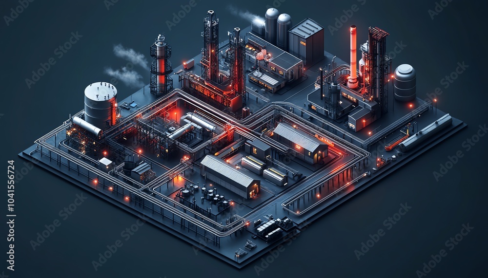 Fototapete engaging isometric 3d visualization of a factory complex, railway buildings, and pipelines, all depi