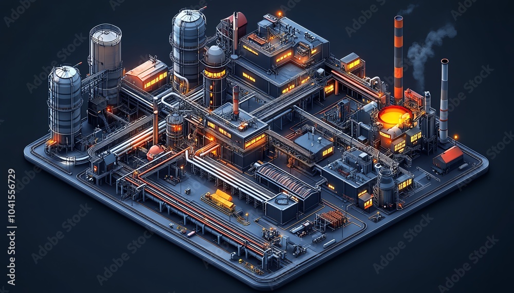 Poster Engaging isometric 3D visualization of a factory complex, railway buildings, and pipelines, all depicted from a topdown view on a dark background