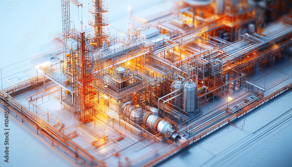 Poster intricate 3d visualization of an industrial project, featuring construction elements such as cranes,