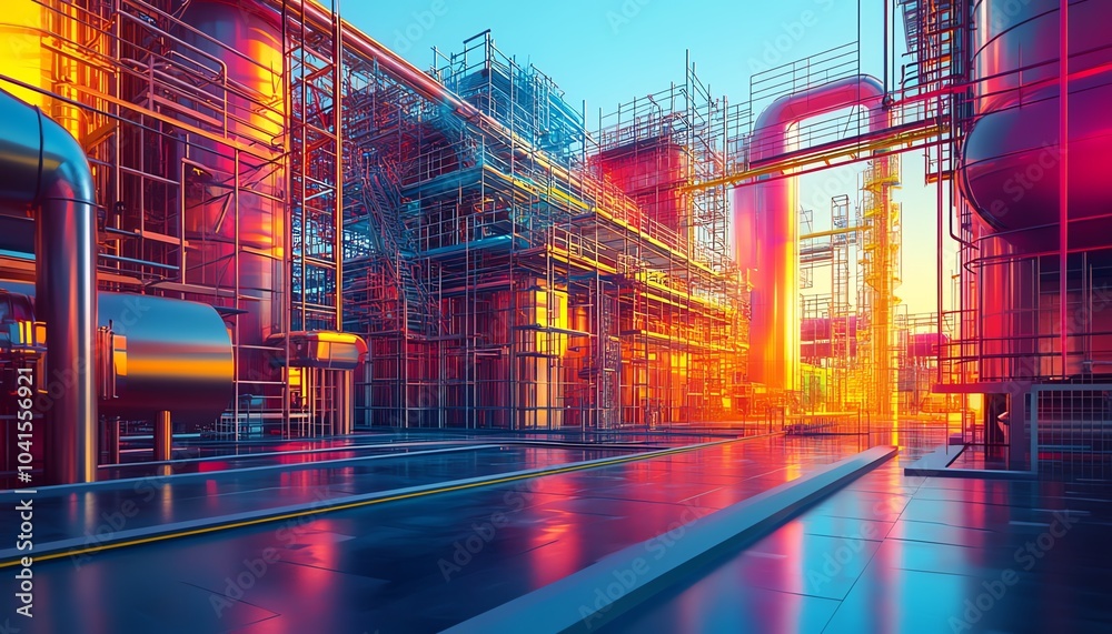 Aufkleber Intricate 3D visualization of an industrial project, featuring construction elements such as cranes, scaffolding, and machinery in a vibrant setting