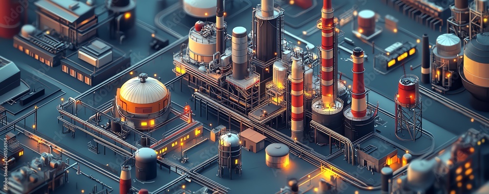 Aufkleber Intricate isometric view of a large factory complex in 3D, featuring railway buildings and pipelines, presented on a dramatic dark background