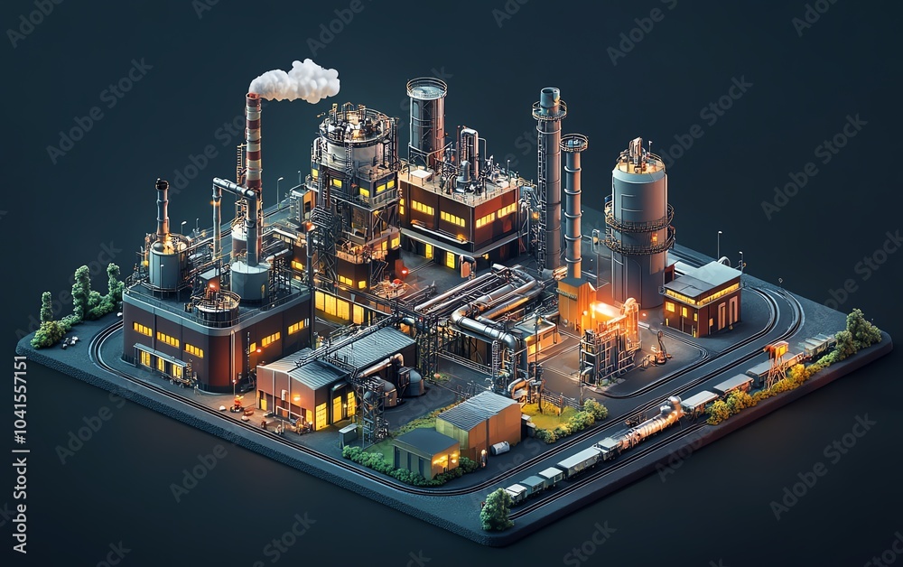 Poster modern 3d isometric illustration showcasing industrial infrastructure, emphasizing a large factory c