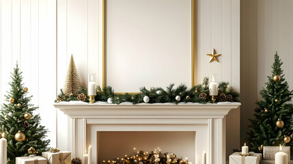 Cozy Fireplace Decorated with Pine Garland, Ornaments, and Candles for Christmas