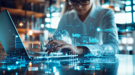 A small business owner working with a custom AI solution on a laptop, showing automation tools and data analytics designed to streamline business operations