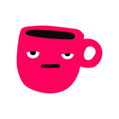 Tired cup of coffee. Funny character. Red color. Hand drawn illustration on white background.