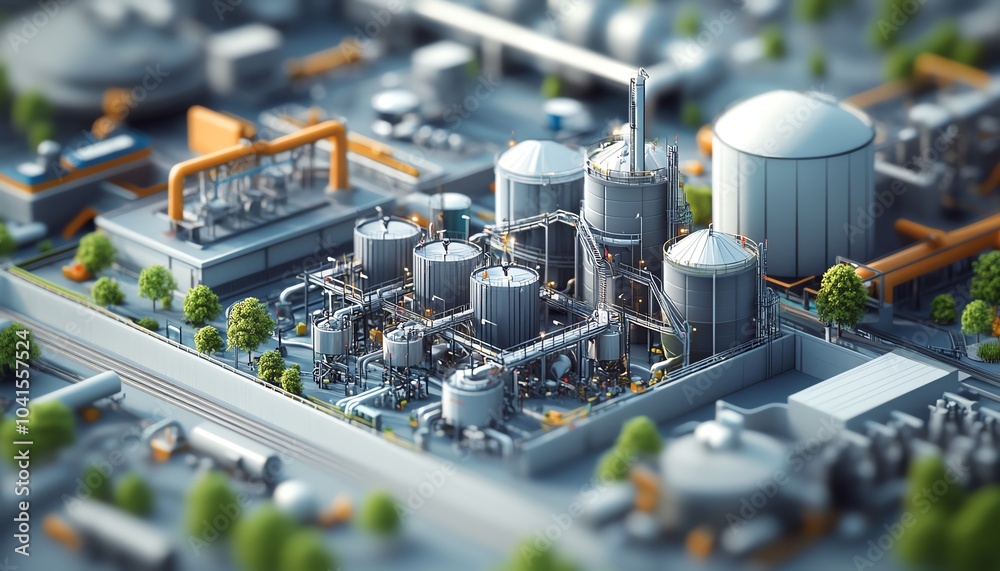 Aufkleber Realistic 3D rendering of an industrial project, highlighting the interaction between machinery, buildings, and workers in a bustling environment