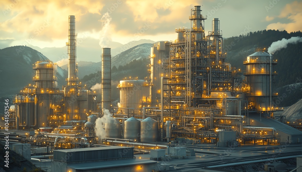 Aufkleber Realistic 3D rendering of an industrial project, highlighting the interaction between machinery, buildings, and workers in a bustling environment