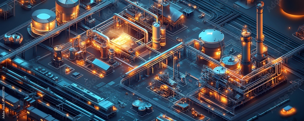 Aufkleber Realistic isometric 3D depiction of industrial infrastructure, featuring a factory complex with railway connections and pipelines, all on a dark background
