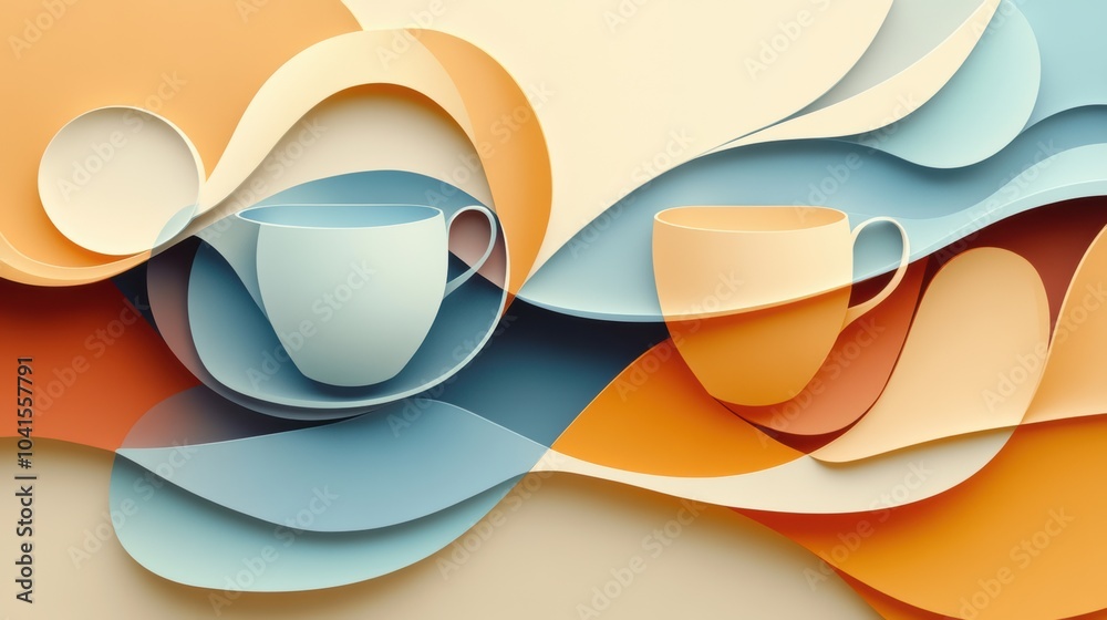 Aufkleber brightly colored abstract shapes present a whimsical composition, with spoon and cup forms intertwin