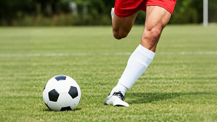 Fototapeta premium Soccer player about to kick a ball on a grass field.
