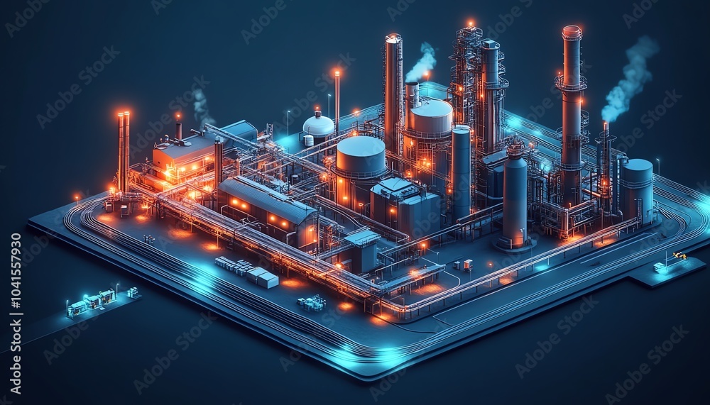 Aufkleber Stylized 3D illustration of industrial infrastructure in isometric perspective, showcasing a factory complex with railway and pipeline systems against a dark setting