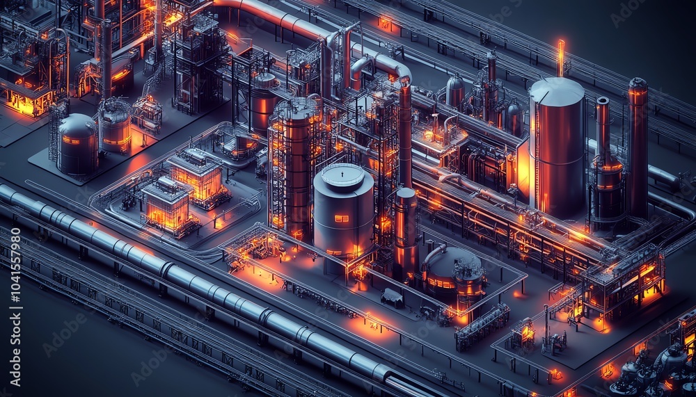 Aufkleber Stylized 3D illustration of industrial infrastructure in isometric perspective, showcasing a factory complex with railway and pipeline systems against a dark setting