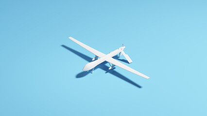 White drone UAV unmanned intelligence spy pale blue background sunlight shadow counter terrorism military operations 3d illustration render