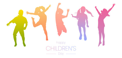 World Children's Day.Vector illustration with silhouettes of children.Group of children jumping up.