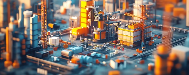 Naklejka premium 3D illustration showcasing an industrial project, featuring detailed machinery, cranes, and structures set against an expansive construction site backdrop