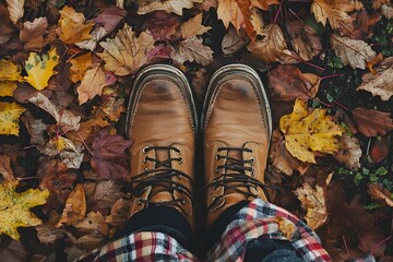 Cozy Autumn Boots and Plaid Scarf Surrounded by Fallen Leaves
