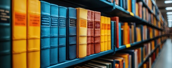 Fototapeta premium Library with rows of colorful bookshelves, with motion blur creating the illusion that the books can appear shiny and glowing in bright colors, creating an atmosphere of modernity and innovation.