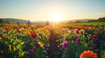 Fototapeta premium A sustainable flower farm set in a picturesque countryside, with farmers tending to rows of colorful, organic flowers under the sun