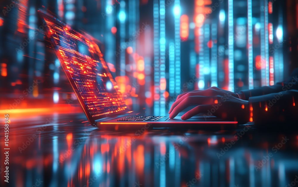 Leinwandbilder 3d rendering of a businessman using a laptop to manage digital documents, graphic elements in the ba