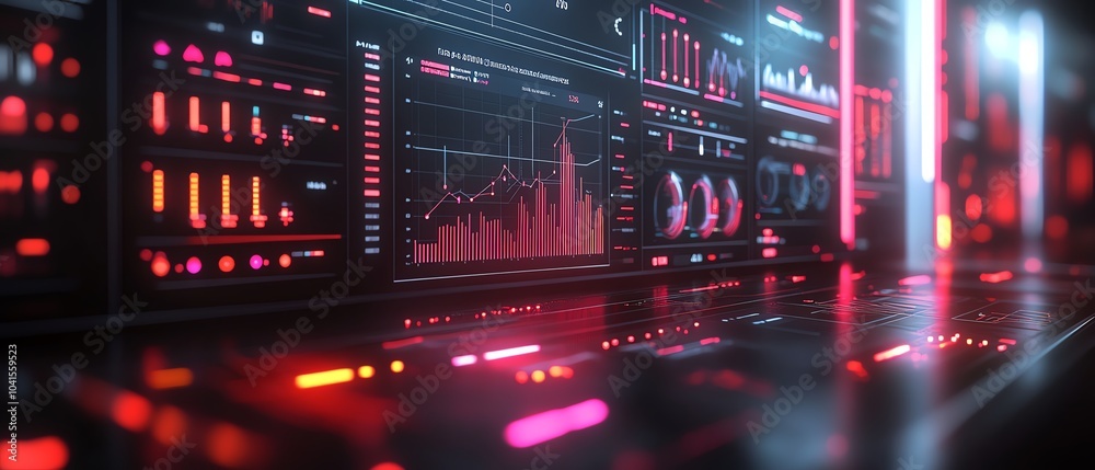 Poster 3D rendering of a financial analysis dashboard with interactive charts and graphs, modern and professional design, hightech aesthetic
