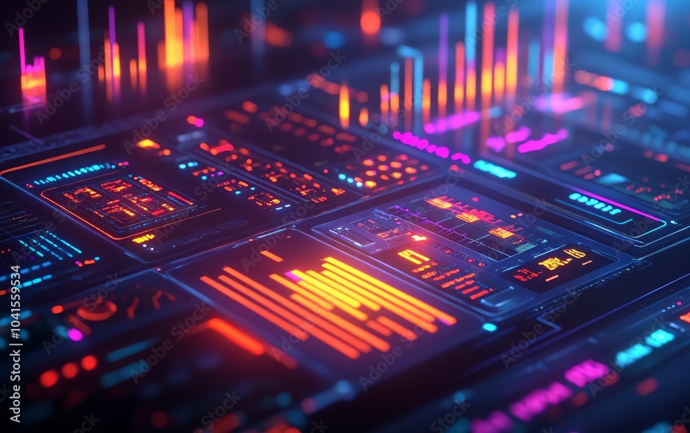 Poster 3d rendering of a financial analysis interface showcasing analytical charts and graphs, modern desig