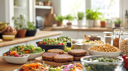 A variety of alternative protein sources such as lentils, chickpeas, and plant-based patties, artfully displayed in a bright, modern kitchen