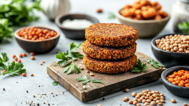 A variety of alternative protein sources such as lentils, chickpeas, and plant-based patties, artfully displayed in a bright, modern kitchen