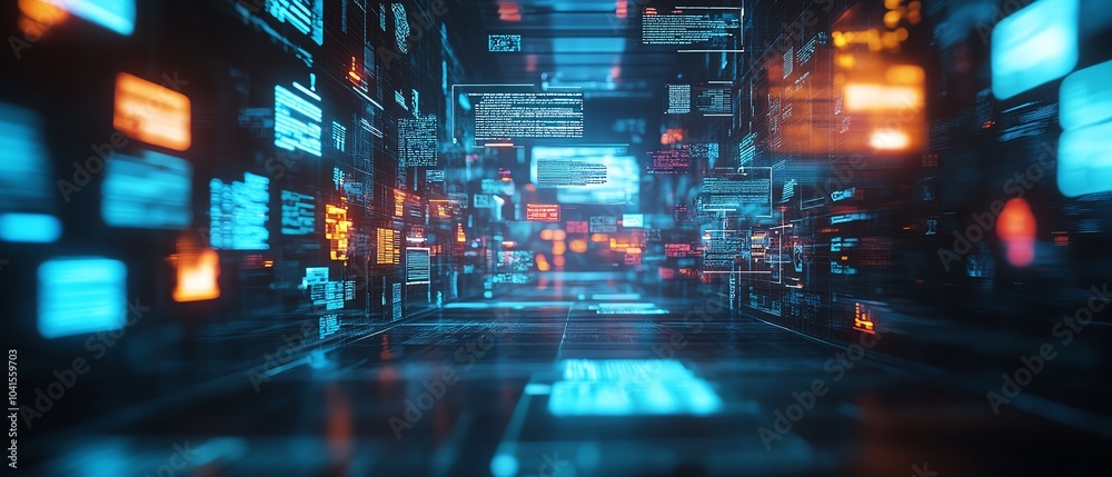 Poster 3D rendering of digital document management system, virtual interface with files in the background, modern and efficient design, futuristic tech visuals