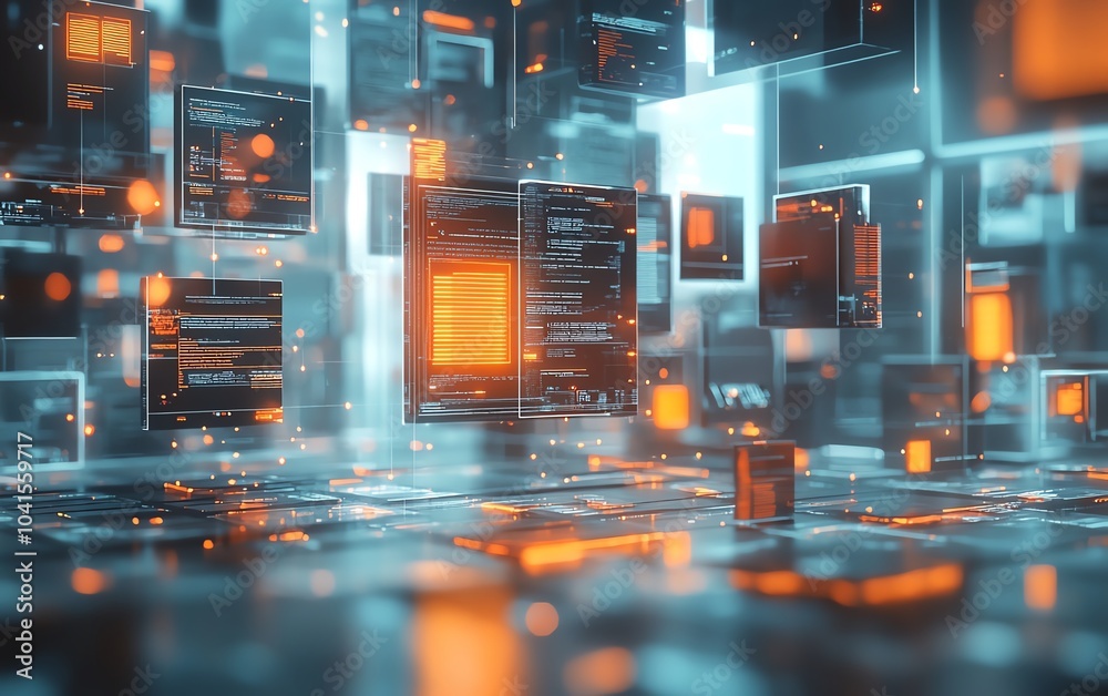 Poster 3D rendering of digital document management system, virtual interface with files in the background, modern and efficient design, futuristic tech visuals