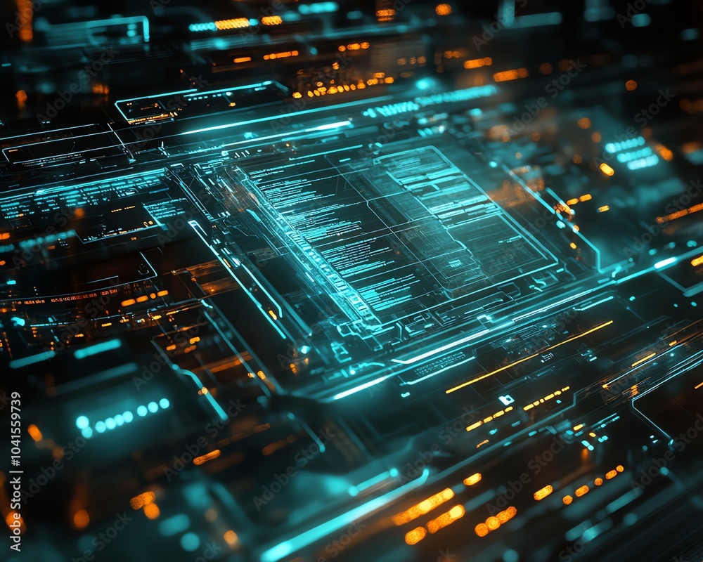 Poster 3D rendering of digital document management system, virtual interface with files in the background, modern and efficient design, futuristic tech visuals
