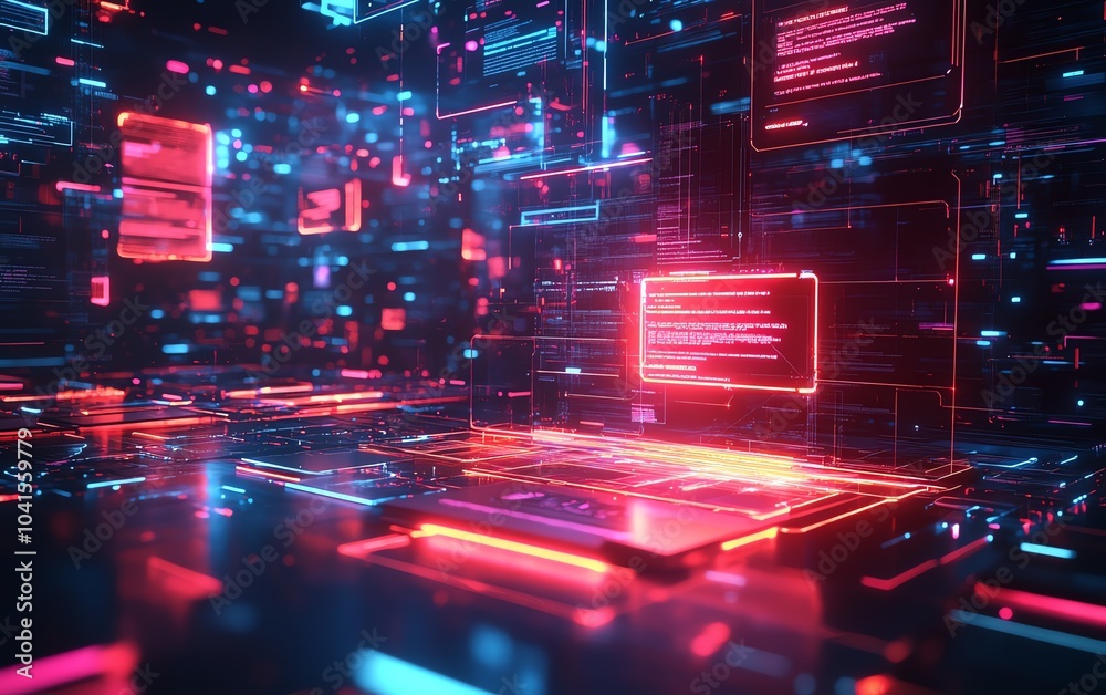 Poster 3D rendering of digital document management system, virtual interface with files in the background, modern and efficient design, futuristic tech visuals