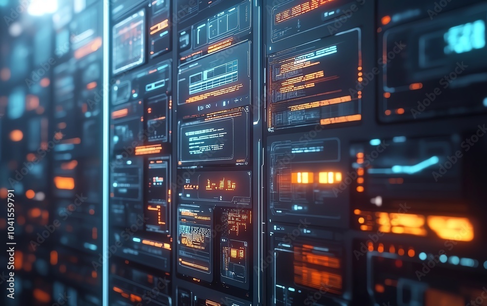 Poster 3D rendering of digital document management system, virtual interface with files in the background, modern and efficient design, futuristic tech visuals